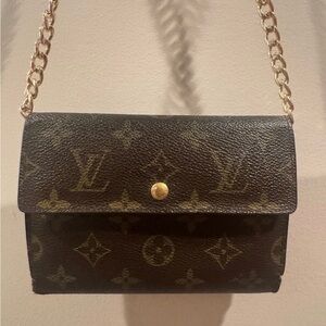 Louis Vuitton Monogram Crossbody Wallet in Brown with Gold Chain